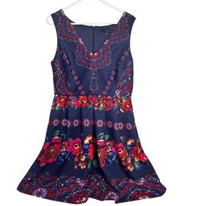 Navy Blue Floral Print Scuba Knit Fit Flare Dress Women's 14 V Neck Sleeveless